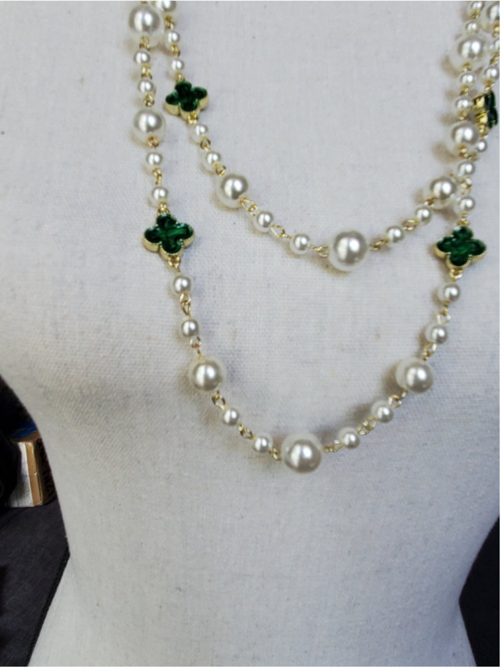 Multi-strand gold tone white faux pearls and Green Clover Necklace